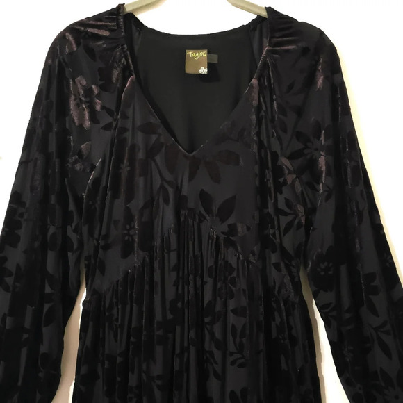 TAYLOR Long Sleeve Black Burnout Velvet Floral Empire Waist Dress, Tiered Skirt - Picture 3 of 16